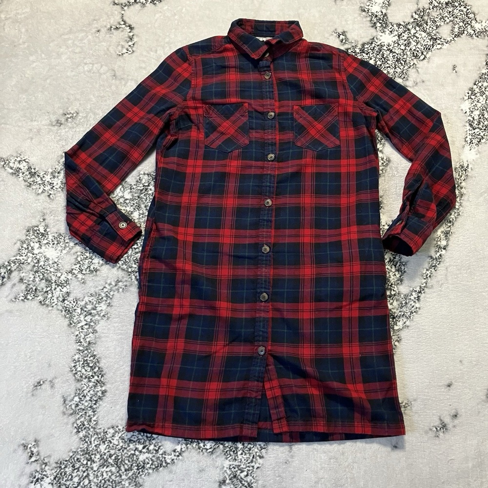 Uniqlo Dress Womens Size XS Red Navy Plaid Flannel Button Down Pockets Casual